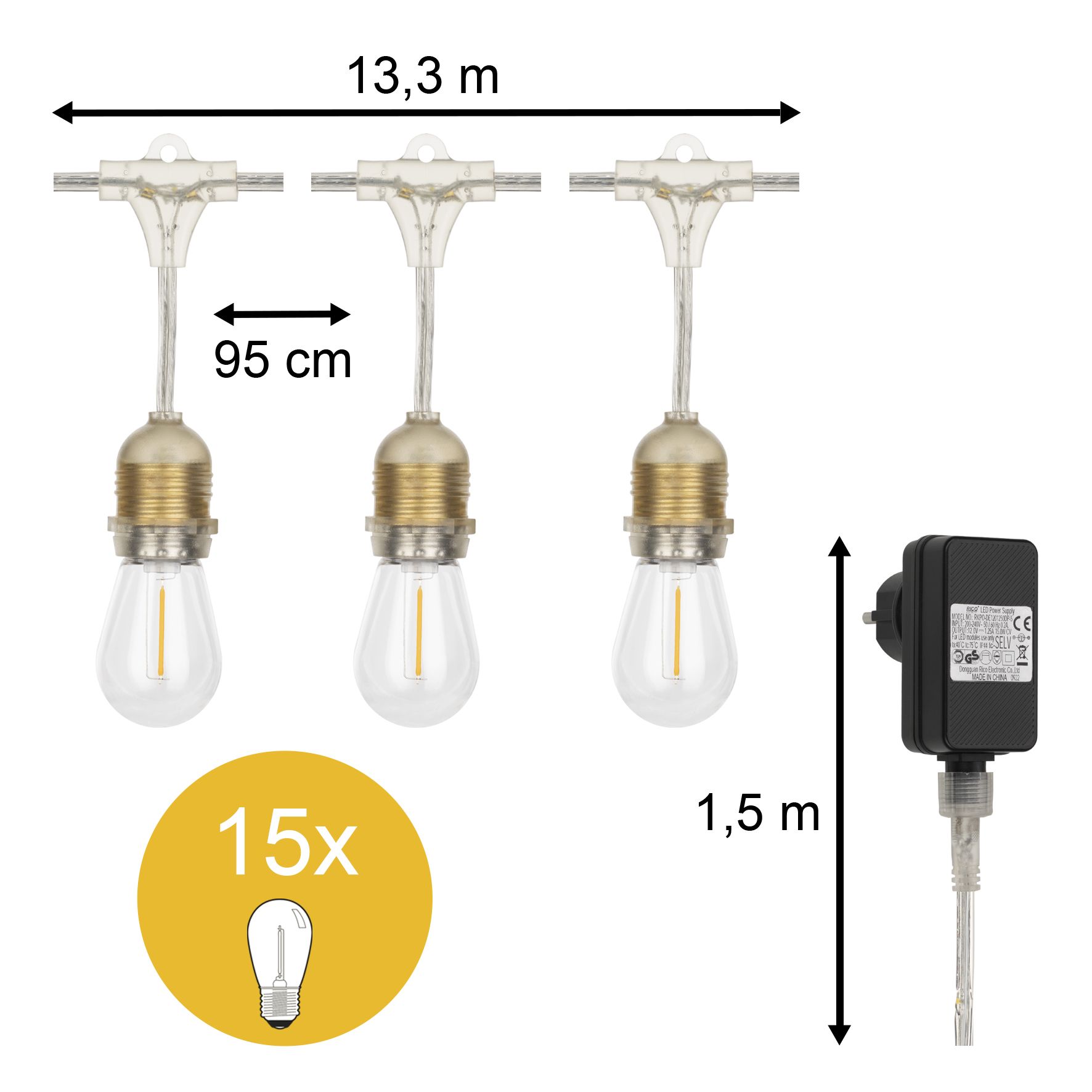 Bailey | Prikkabel 15 Meter | 15 Lichtpunten | IP44