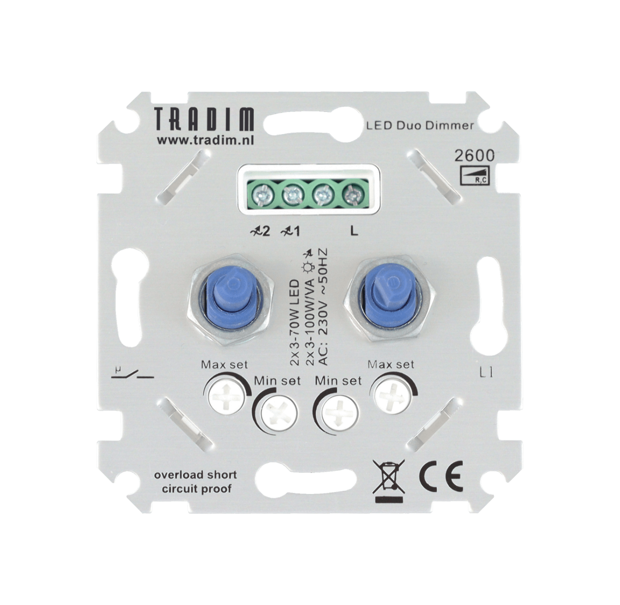 Tradim | Muurdimmer | Ip 20 | Zilver | 2 X 3-100W