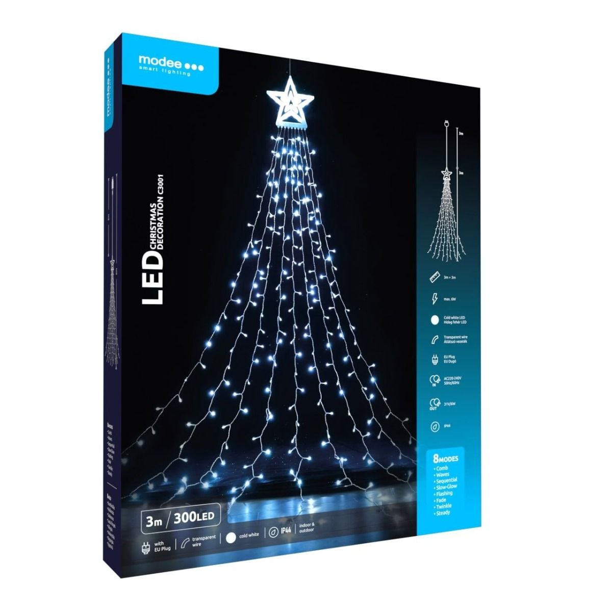 Modee | Kerstverlichting Led Lichtsnoer | 3m Met Ster | 300 Lichtpunten Met 8 Lichtstanden | IP44 | Koud Wit Licht