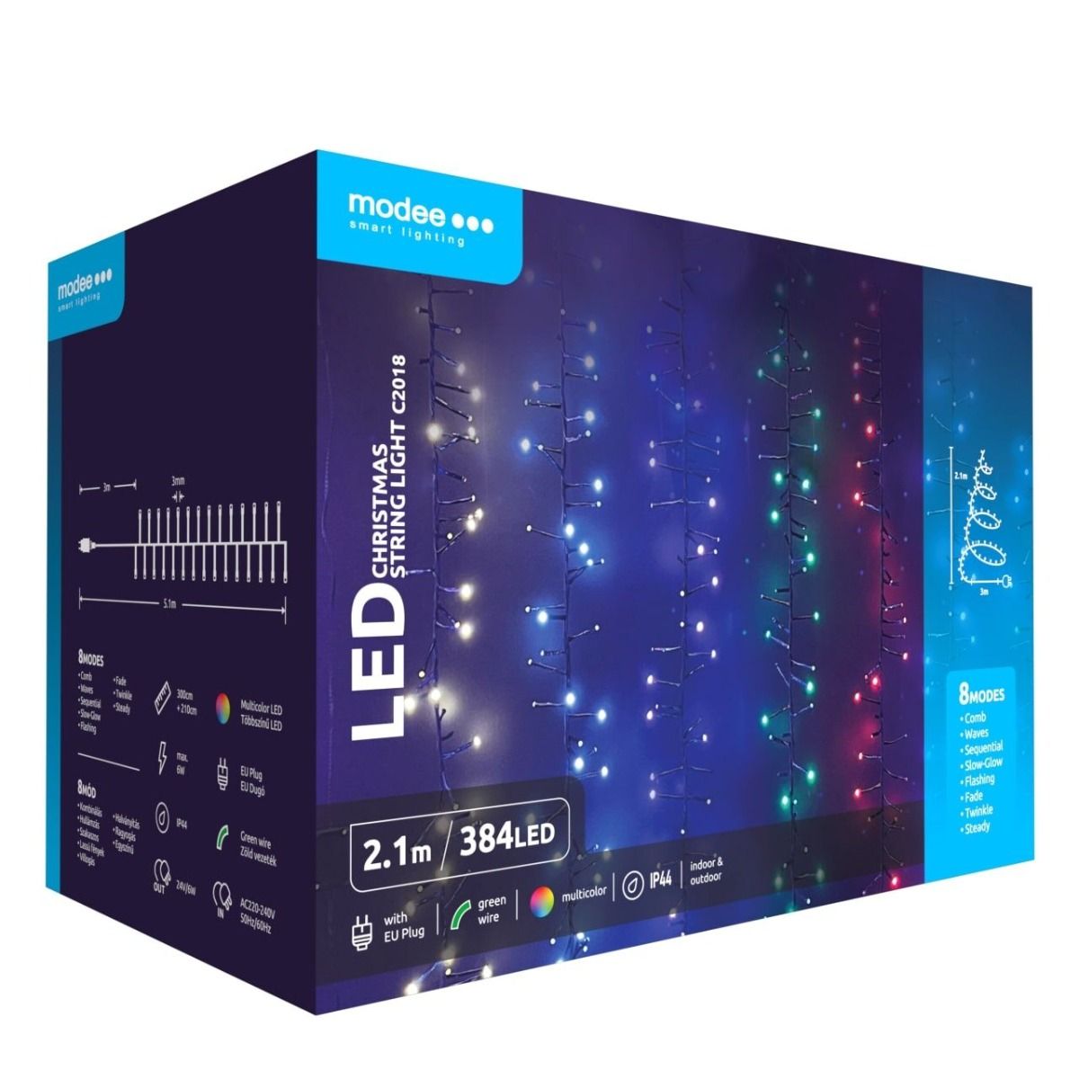 Modee | Kerstverlichting Led Lichtsnoer | 2, 1m | 384 Lichtpunten Met 8 Lichtstanden | IP44 | Meerkleurig