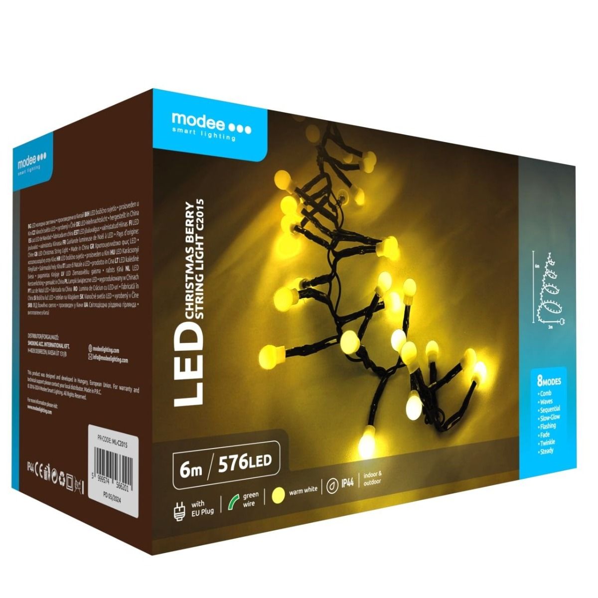 Modee | Kerstverlichting Led Lichtsnoer | 6m | 576 Lichtpunten Met 8 Lichtstanden | IP44 | Warm Wit Licht