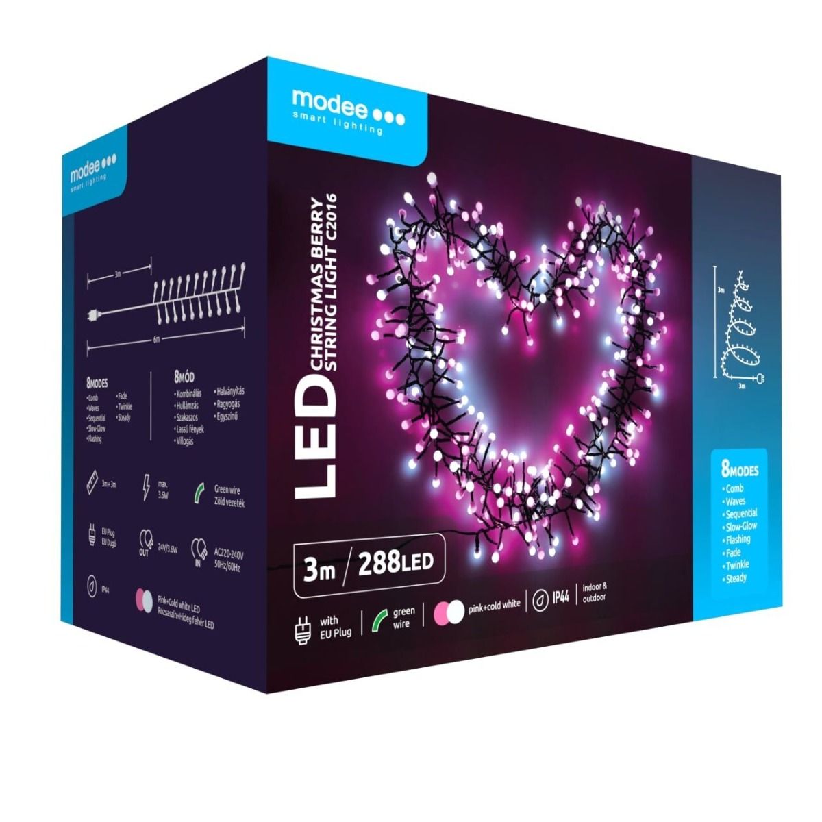 Modee | Kerstverlichting Led Lichtsnoer | 3m | 288 Lichtpunten Met 8 Lichtstanden| IP44 | Roze En Koud Wit Licht